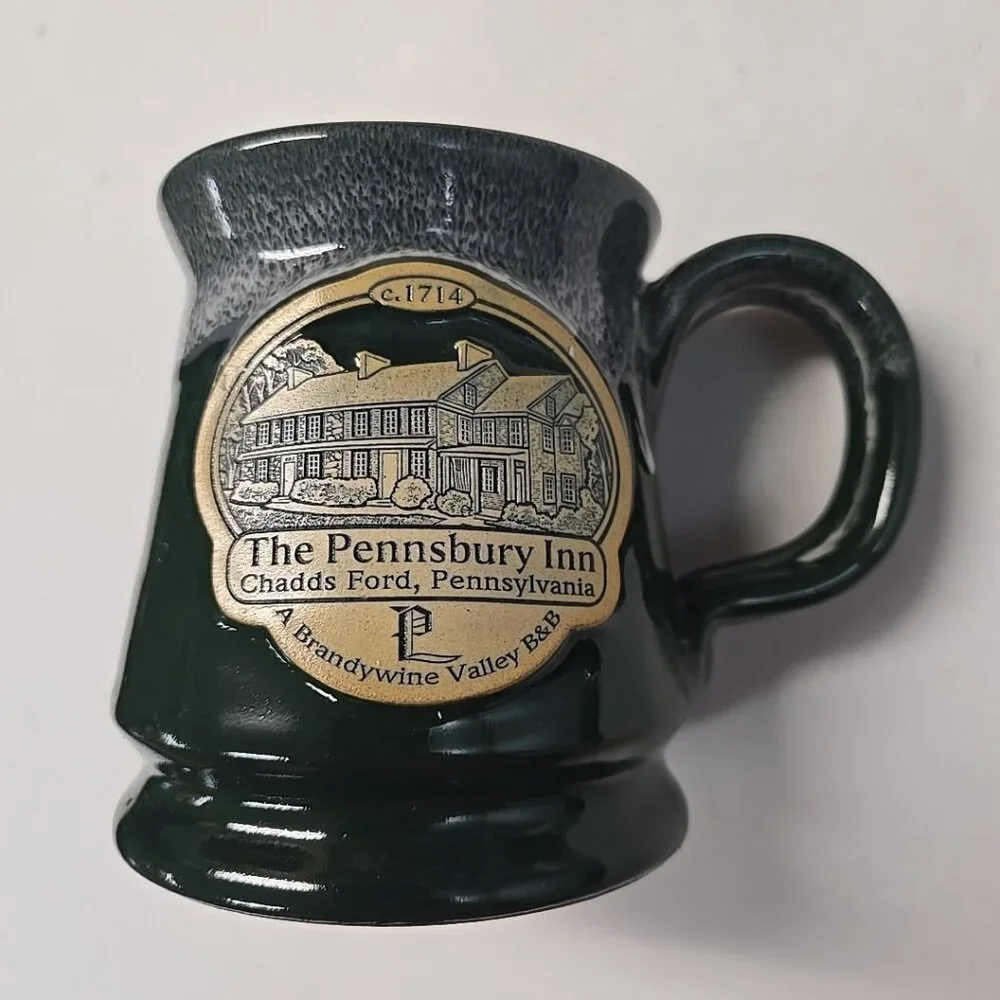 Pennsbury Inn Mug Deneen Handthrown Pottery Green Drip Glaze Chadds Ford, PA